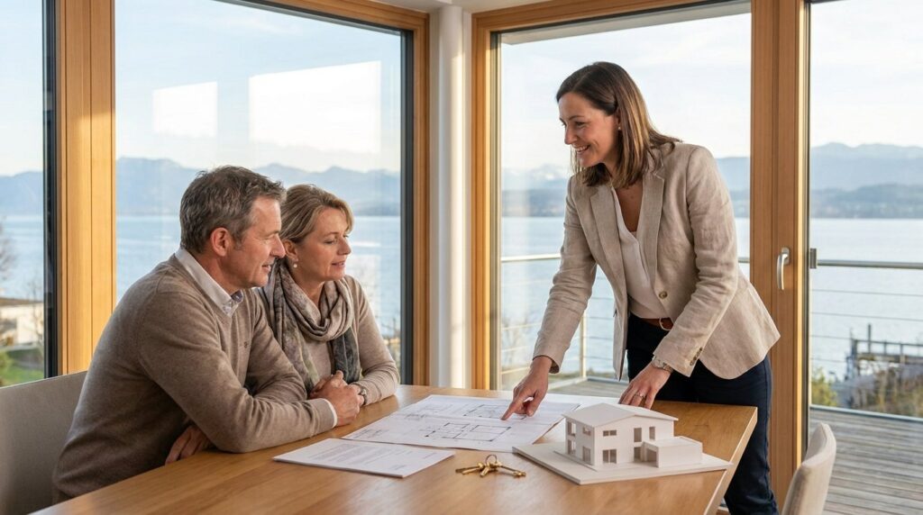 Real estate agent explains floor plans to a couple at a wooden table, with a small house model and blueprints in a sunlit room overlooking a lake.